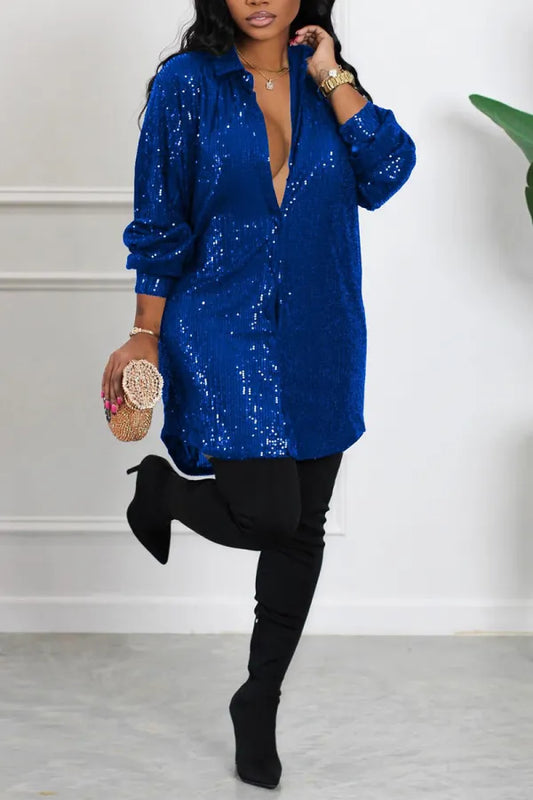 Sexy Casual Solid Sequins Shirt Collar Shirt Dress Dresses