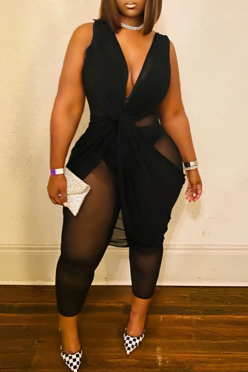 Sexy Casual Solid Patchwork See-through V Neck Plus Size Jumpsuits