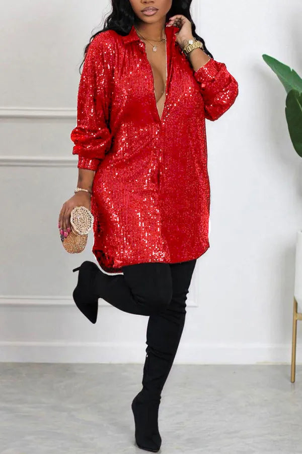 Sexy Casual Solid Sequins Shirt Collar Shirt Dress Dresses