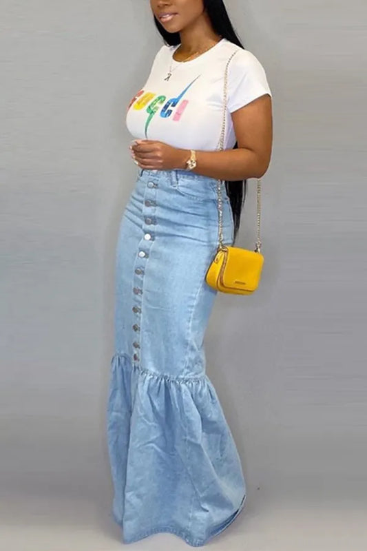 Light Blue Fashion Casual Denim Skirt (Without T-Shirt)