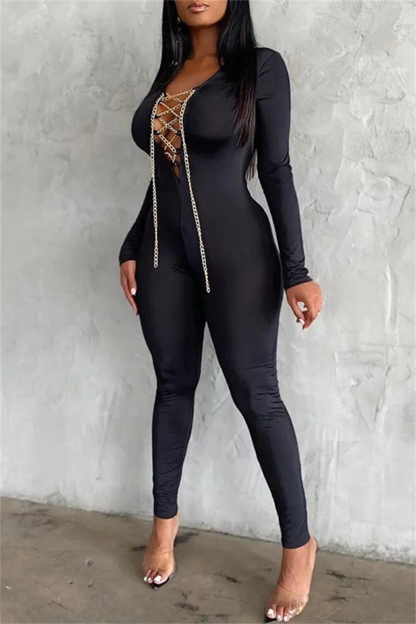 Sexy Casual Solid Hollowed Out Chains V Neck Skinny Jumpsuits