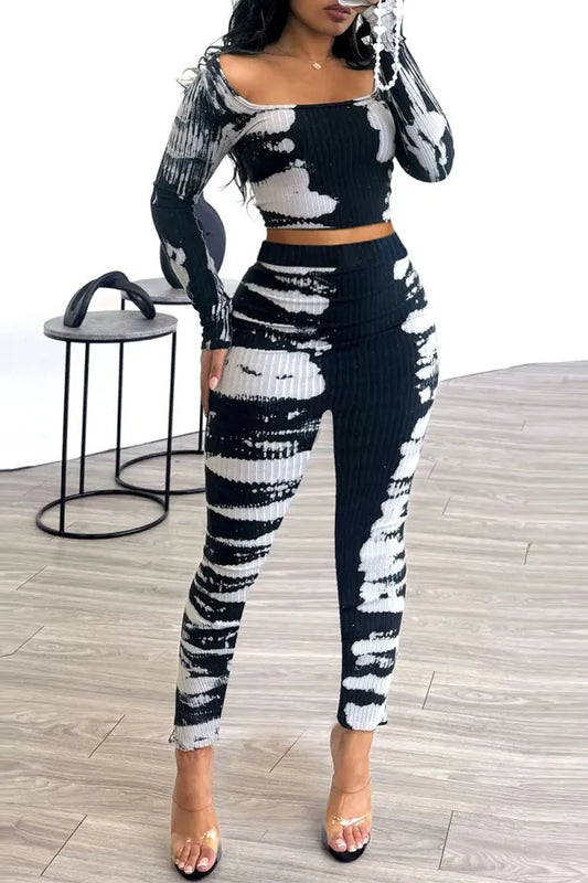 Sexy Casual Street Daily Simplicity Mixed Printing Printing Square Collar Long Sleeve Two Pieces