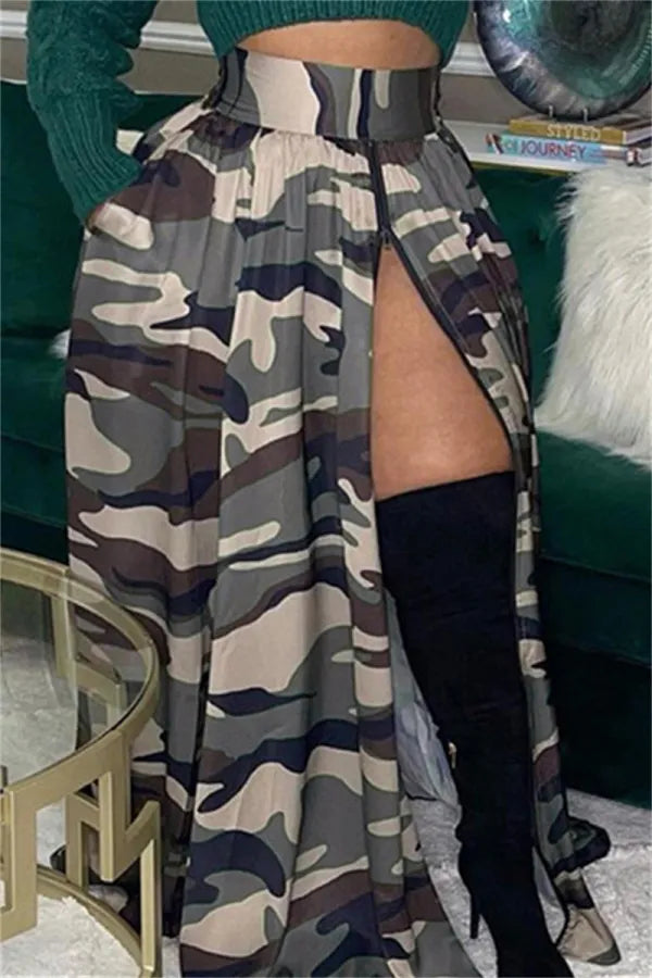 Casual Camouflage Print Patchwork Slit Zipper Regular High Waist Skirts (Subject To The Actual Object)