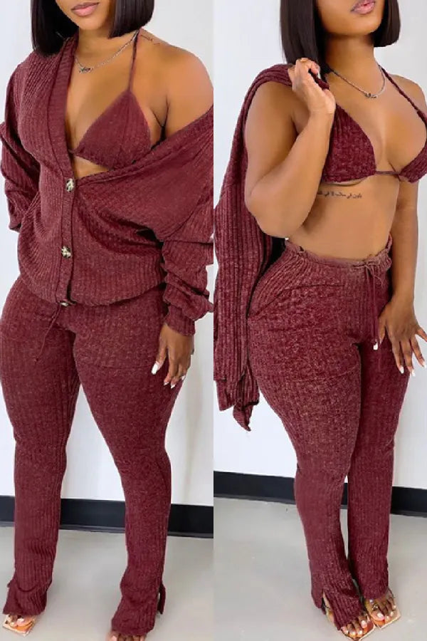 Casual Solid Bandage V Neck Long Sleeve Three Piece Set