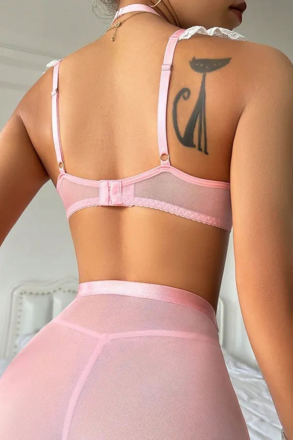 Pink Sexy Living Patchwork See-Through Backless Contrast Lingerie