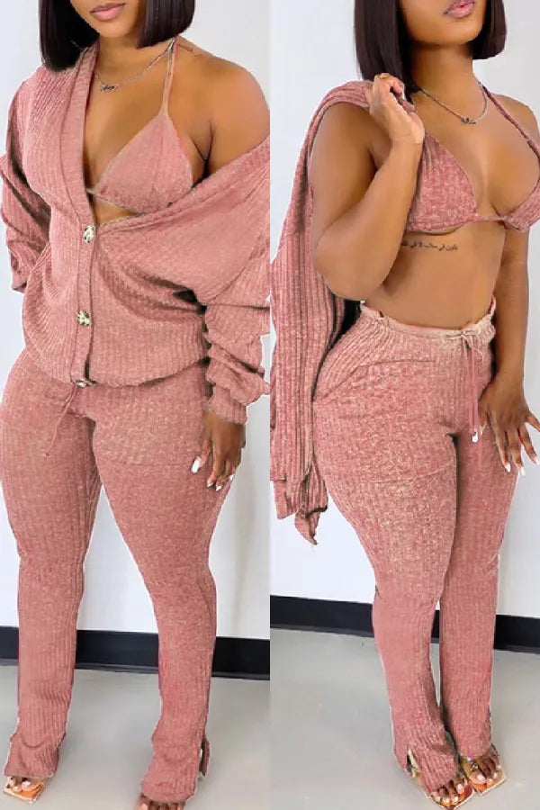 Casual Solid Bandage V Neck Long Sleeve Three Piece Set