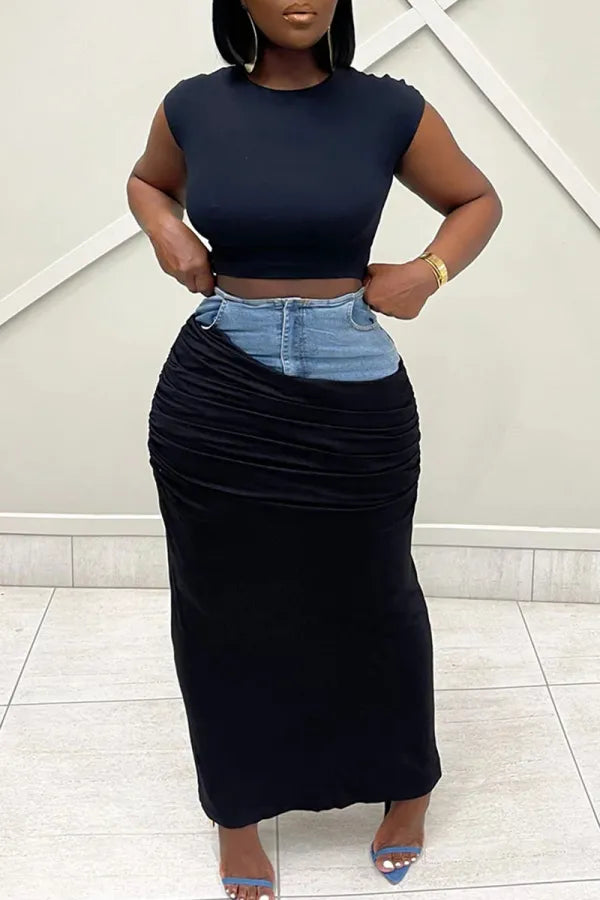 High Waist Denim Black Casual Skirt