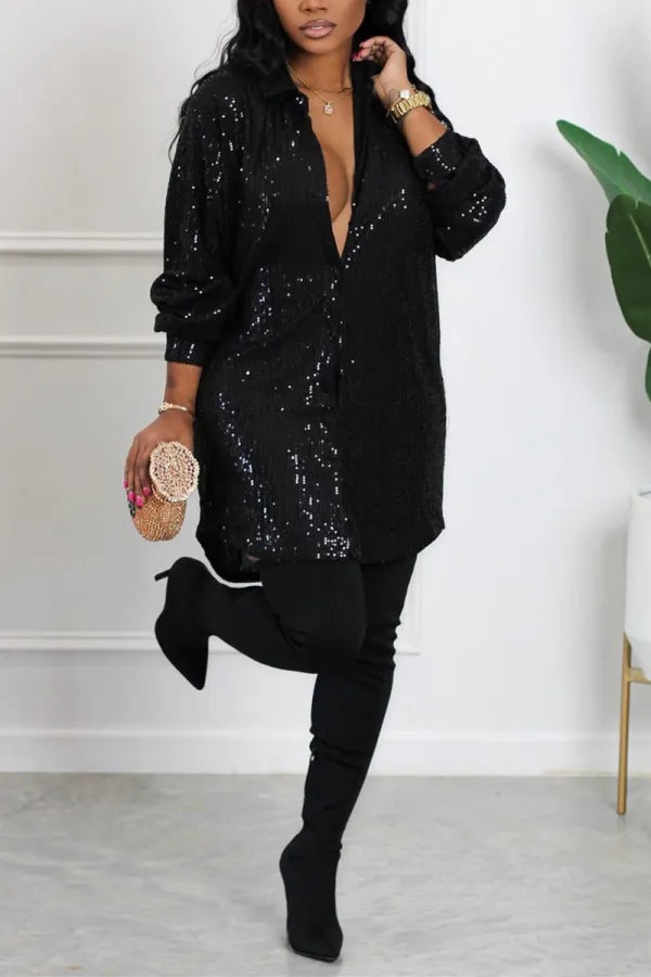 Sexy Casual Solid Sequins Shirt Collar Shirt Dress Dresses