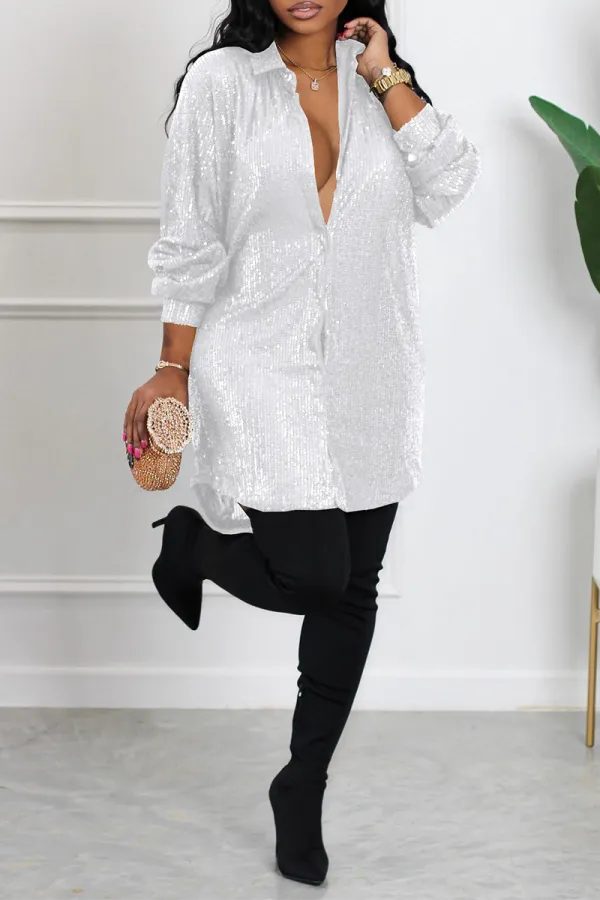 Sexy Casual Solid Sequins Shirt Collar Shirt Dress Dresses