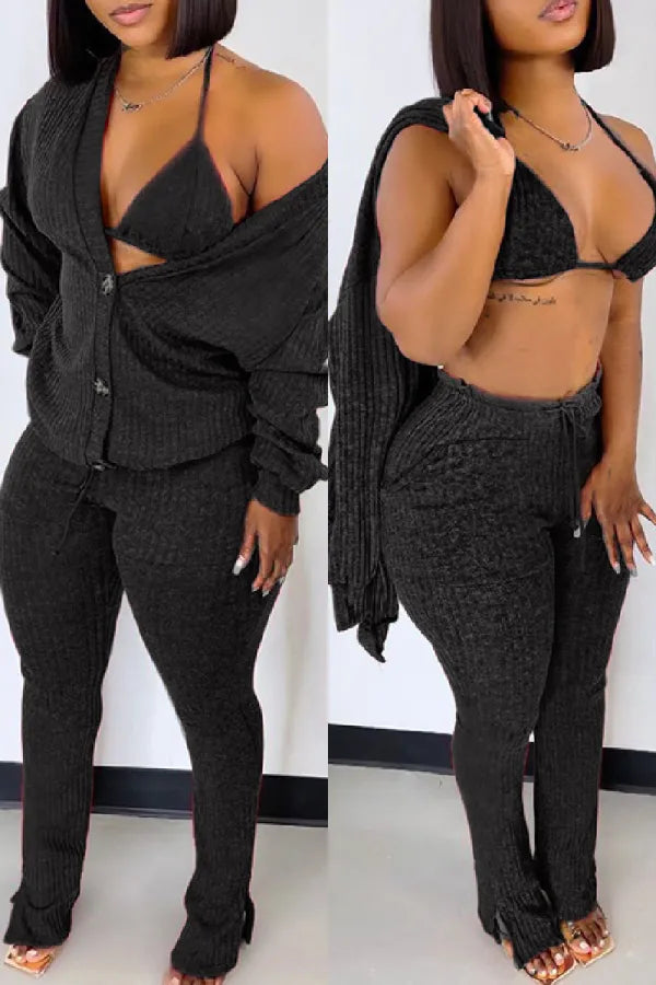 Casual Solid Bandage V Neck Long Sleeve Three Piece Set