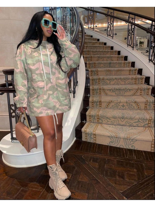 Green Camouflage Hooded  Dress